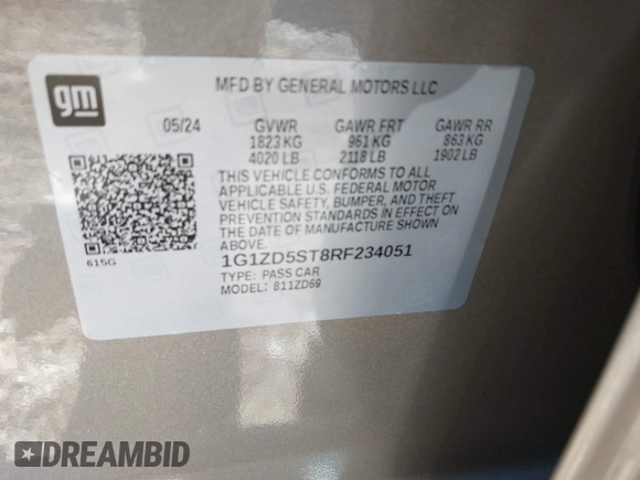 2024 Chevrolet Malibu LT with VIN 1G1ZD5ST8RF234051, listed as a IAAI auction lot 41312949 with 5,581 mi miles and . Bid and sale history available at DreamBid. Image 9.
