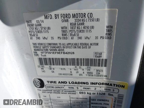 2014 Ford F-150 XL with VIN 1FTFW1EF9EFB42928, listed as a IAAI auction lot 41588979 with 154,192 mi miles. Bid and sale history available at carsss.com. Image 9.