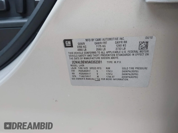 2010 Chevrolet Equinox LT w/1LT with VIN 2CNALDEW9A6362381, listed as a IAAI auction lot 41701019 with 124,325 mi miles. Bid and sale history available at carsss.com. Image 9.