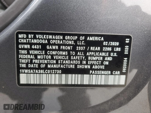 2020 Volkswagen Passat 2.0T SE with VIN 1VWSA7A38LC012730, listed as a Copart auction lot 45596335 with 69,611 mi miles and Salvage Title. Bid and sale history available at carsss.com. Image 12.