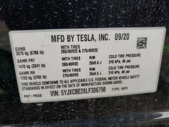 2020 Tesla Model X Long Range with VIN 5YJXCBE28LF306798, listed as a Copart auction lot 46924283 with 0 mi miles. Bid and sale history available at carsss.com. Image 13.