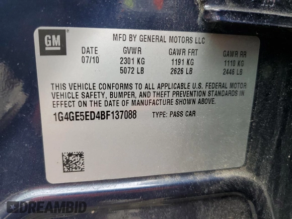 2011 Buick LaCrosse CXS with VIN 1G4GE5ED4BF137088, listed as a Copart auction lot 69497454 with 140,091 mi miles and Salvage Title. Bid and sale history available at DreamBid. Image 12.