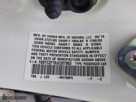 2018 Honda Civic Sedan EX with VIN 19XFC2F70JE207983, listed as a IAAI auction lot 41872006 with 30,274 mi miles. Bid and sale history available at carsss.com. Image 9.