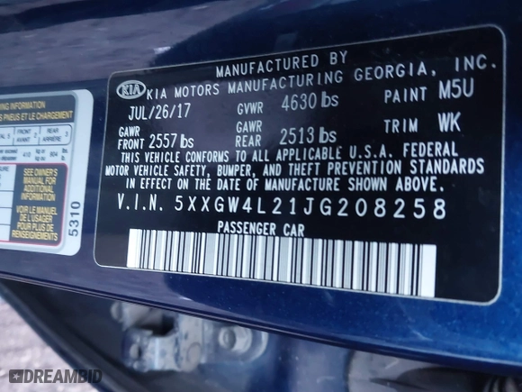 2018 Kia Optima SX with VIN 5XXGW4L21JG208258, listed as a IAAI auction lot 41307781 with 1 mi miles. Bid and sale history available at carsss.com. Image 9.