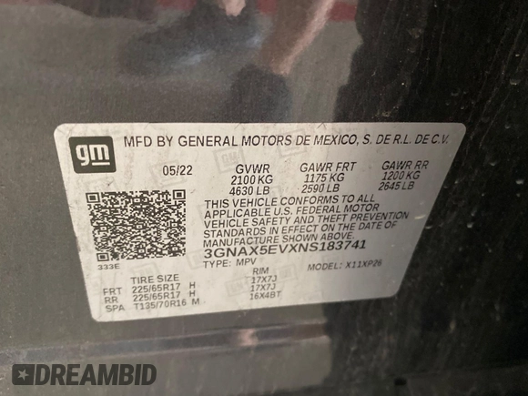 2022 Chevrolet Equinox LS z VIN 3GNAX5EVXNS183741, wystawiony jako IAAI lot #42552575 z przebiegiem 129 334 mil mil oraz . Historia ofert i sprzedaży dostępna na DreamBid. Obrazek 7.