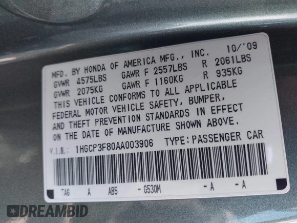 2010 Honda Accord EX-L with VIN 1HGCP3F80AA003906, listed as a IAAI auction lot 42088074 with 109,575 mi miles and . Bid and sale history available at DreamBid. Image 9.