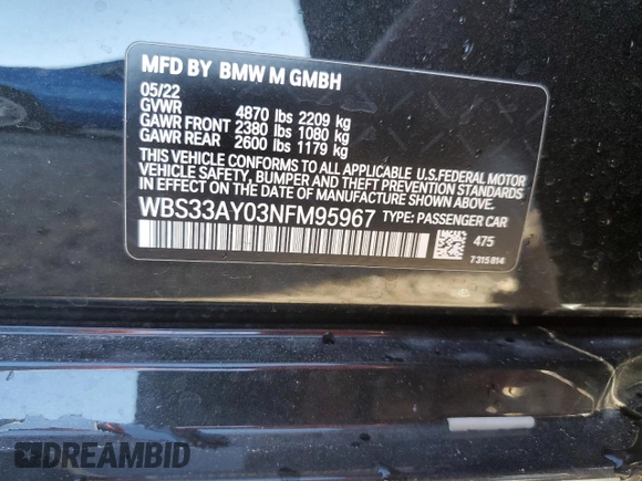 2022 BMW M3 Competition z VIN WBS33AY03NFM95967, wystawiony jako Copart lot #76178354 z przebiegiem 18 208 mil mil oraz Nie do naprawy • Non repairable. Historia ofert i sprzedaży dostępna na DreamBid. Obrazek 13.