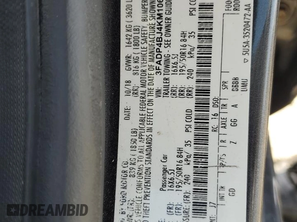 2019 Ford Fiesta SE z VIN 3FADP4BJ4KM106189, wystawiony jako Copart lot #57913315 z przebiegiem Nie podano mil oraz Szkoda całkowita • Salvage title. Historia ofert i sprzedaży dostępna na DreamBid. Obrazek 13.