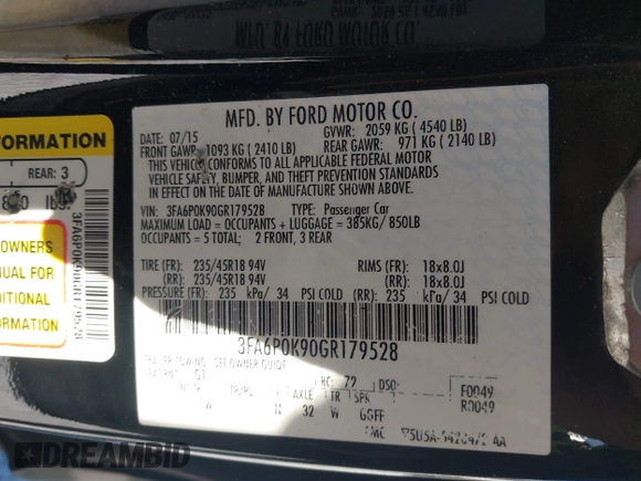 2016 Ford Fusion Titanium with VIN 3FA6P0K90GR179528, listed as a IAAI auction lot 41587248 with 230,264 mi miles and . Bid and sale history available at DreamBid. Image 9.