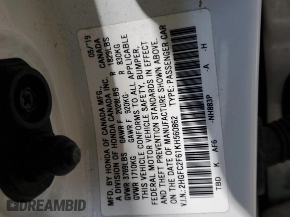 2019 Honda Civic LX with VIN 2HGFC2F61KH560862, listed as a Copart auction lot 50396895 with 55,653 mi miles and Salvage Title. Bid and sale history available at DreamBid. Image 15.