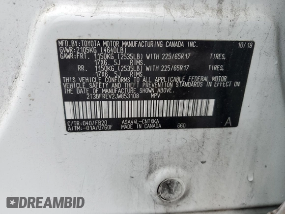 2018 Toyota RAV4 LE with VIN 2T3BFREV2JW853108, listed as a Copart auction lot 61245795 with 174,196 mi miles and Salvage title. Bid and sale history available at DreamBid. Image 13.