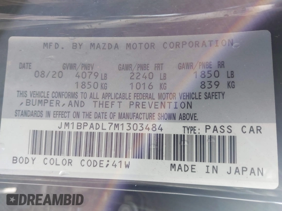 2021 Mazda 3 Premium with VIN JM1BPADL7M1303484, listed as a IAAI auction lot 41666785 with 34,476 mi miles and . Bid and sale history available at DreamBid. Image 9.