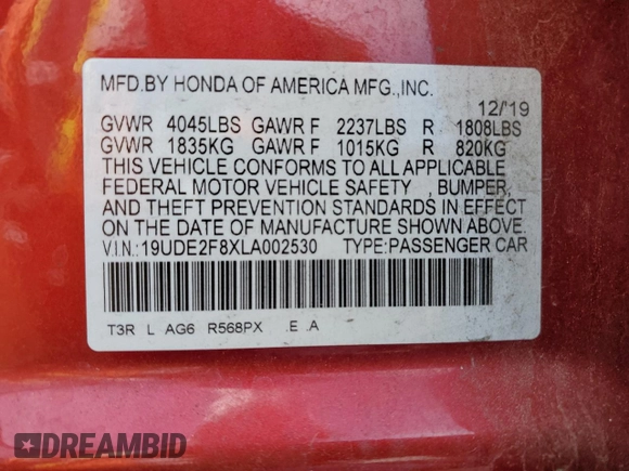 2020 Acura ILX Premium with VIN 19UDE2F8XLA002530, listed as a Copart auction lot 53042955 with 49,067 mi miles and Salvage title. Bid and sale history available at DreamBid. Image 12.