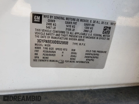 2013 Cadillac SRX Premium Collection with VIN 3GYFNEE30DS529808, listed as a Copart auction lot 61931185 with 131,245 mi miles and Salvage title. Bid and sale history available at DreamBid. Image 12.