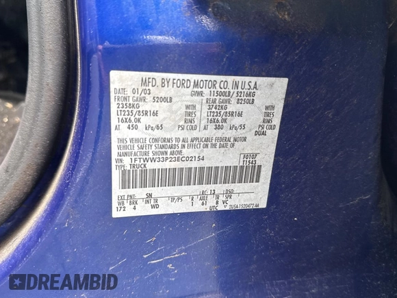 2003 Ford F-350 XL with VIN 1FTWW33P23EC02154, listed as a Copart auction lot 74262214 with 260,336 mi miles and Clean Title. Bid and sale history available at DreamBid. Image 10.