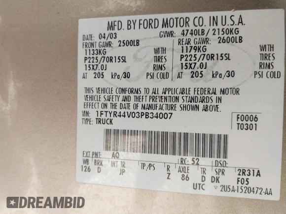 2003 Ford Ranger XL Fleet with VIN 1FTYR44V03PB34007, listed as a IAAI auction lot 42124268 with 156,500 mi miles and . Bid and sale history available at DreamBid. Image 9.