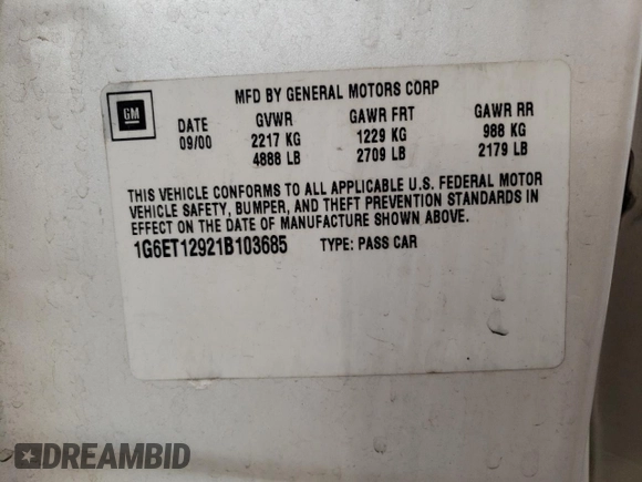 2001 Cadillac Eldorado Touring ETC z VIN 1G6ET12921B103685, wystawiony jako Copart lot #84565144 z przebiegiem 99 265 mil mil oraz Szkoda całkowita • Salvage title. Historia ofert i sprzedaży dostępna na DreamBid. Obrazek 12.