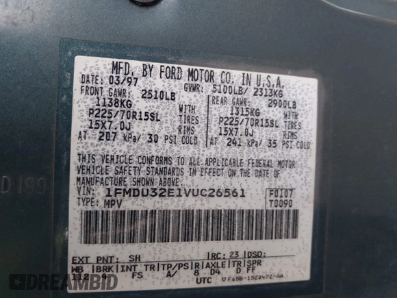 1997 Ford Explorer XL с VIN 1FMDU32E1VUC26561, выставлен на аукционе IAAI как лот 41541334 с пробегом 330 740 миль миль и . История ставок и продаж доступна на DreamBid. Изображение 9.