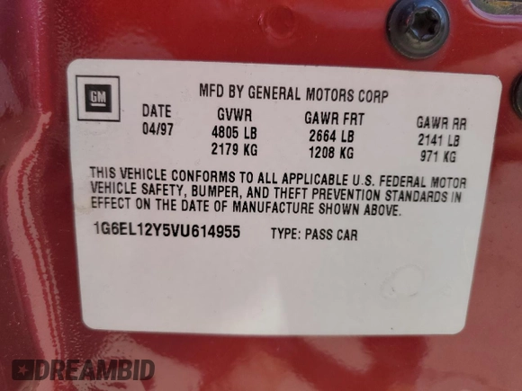 1997 Cadillac Eldorado ESC z VIN 1G6EL12Y5VU614955, wystawiony jako Copart lot #56222345 z przebiegiem 62 030 mil mil oraz Tytuł czysty. Historia ofert i sprzedaży dostępna na DreamBid. Obrazek 13.