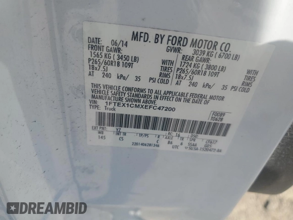 2014 Ford F-150 XL with VIN 1FTEX1CMXEFC47200, listed as a Copart auction lot 58397845 with Not provided miles and Clean title. Bid and sale history available at DreamBid. Image 12.