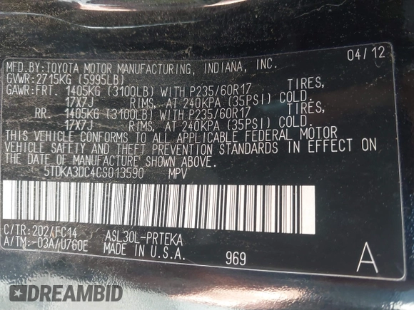 2012 Toyota Sienna with VIN 5TDKA3DC4CS013590, listed as a IAAI auction lot 41423163 with 109,845 mi miles and . Bid and sale history available at DreamBid. Image 9.