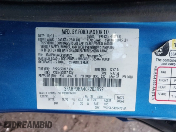 2012 Ford Fusion SE with VIN 3FAHP0HA4CR203852, listed as a IAAI auction lot 42395043 with 182,426 mi miles and . Bid and sale history available at DreamBid. Image 9.