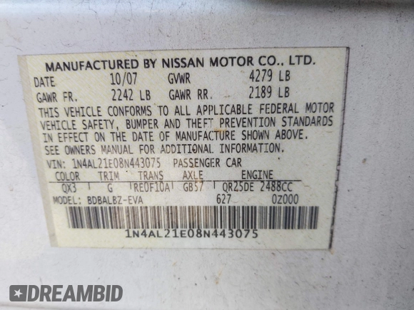 2008 Nissan Altima 2.5 with VIN 1N4AL21E08N443075, listed as a IAAI auction lot 41901276 with 215,772 mi miles. Bid and sale history available at carsss.com. Image 9.