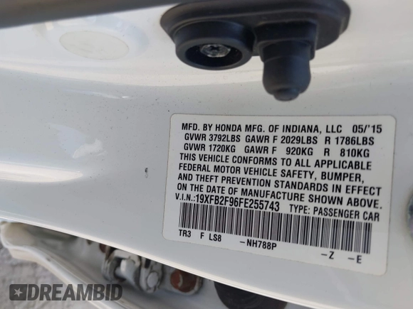2015 Honda Civic EX-L with VIN 19XFB2F96FE255743, listed as a IAAI auction lot 42083156 with Not Provided miles and . Bid and sale history available at DreamBid. Image 9.