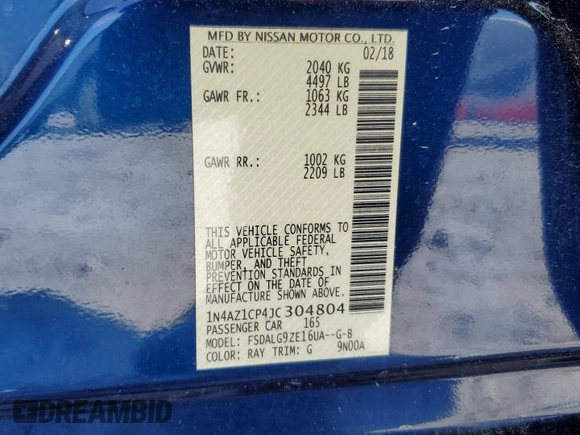 2018 Nissan LEAF S with VIN 1N4AZ1CP4JC304804, listed as a Copart auction lot 51941615 with 65,312 mi miles and Salvage Title. Bid and sale history available at DreamBid. Image 12.