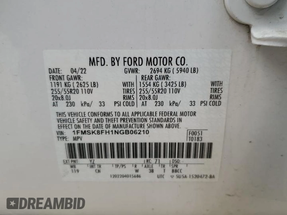 2022 Ford Explorer Limited z VIN 1FMSK8FH1NGB06210, wystawiony jako Copart lot #57677155 z przebiegiem 36 697 mil mil oraz Szkoda całkowita • Salvage title. Historia ofert i sprzedaży dostępna na DreamBid. Obrazek 13.