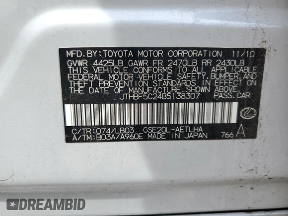 2011 Lexus IS 250 with VIN JTHBF5C24B5138307, listed as a Copart auction lot 54593805 with 191,395 mi miles and Clean Title. Bid and sale history available at DreamBid. Image 12.