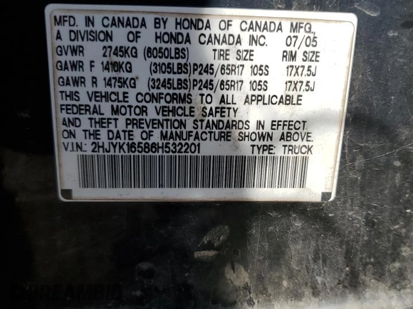 2006 Honda Ridgeline RTL with VIN 2HJYK16586H532201, listed as a Copart auction lot 53945235 with Not Provided miles and Clean Title. Bid and sale history available at DreamBid. Image 12.