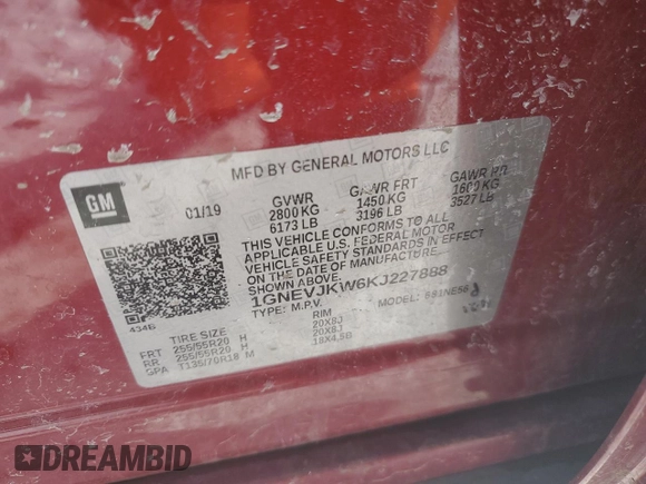 2019 Chevrolet Traverse RS with VIN 1GNEVJKW6KJ227888, listed as a Copart auction lot 45856465 with 0 mi miles and Salvage Title. Bid and sale history available at carsss.com. Image 15.