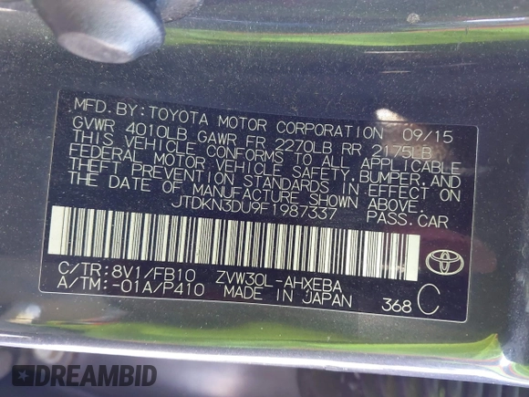 2015 Toyota Prius Four with VIN JTDKN3DU9F1987337, listed as a IAAI auction lot 41329556 with 86,104 mi miles. Bid and sale history available at carsss.com. Image 9.
