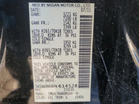 2015 Nissan Armada SV with VIN 5N1BA0ND8FN614528, listed as a Copart auction lot 86098354 with NaN miles and Salvage Title. Bid and sale history available at carsss.com. Image 16.