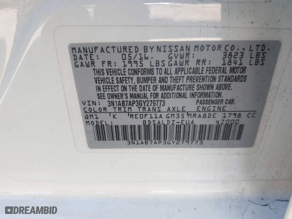 2016 Nissan Sentra SR with VIN 3N1AB7AP3GY279773, listed as a IAAI auction lot 41889924 with 112,044 mi miles. Bid and sale history available at carsss.com. Image 9.