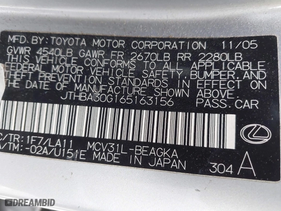 2006 Lexus ES 330 with VIN JTHBA30G165163156, listed as a IAAI auction lot 42104066 with 205,480 mi miles. Bid and sale history available at carsss.com. Image 9.