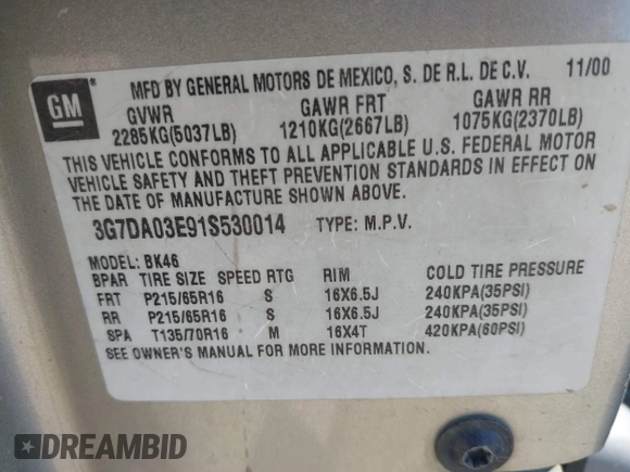 2001 Pontiac Aztek GT z VIN 3G7DA03E91S530014, wystawiony jako IAAI lot #38527642 z przebiegiem Nie podano mil oraz . Historia ofert i sprzedaży dostępna na DreamBid. Obrazek 9.