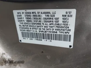 2007 Honda Odyssey EX-L z VIN 5FNRL38717B102646, wystawiony jako IAAI lot #42380196 z przebiegiem 234 088 mil mil oraz . Historia ofert i sprzedaży dostępna na DreamBid. Obrazek 9.