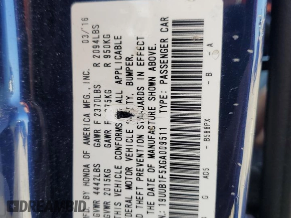 2016 Acura TLX Technology with VIN 19UUB1F5XGA009511, listed as a Copart auction lot 59042585 with 99,932 mi miles and Salvage title. Bid and sale history available at DreamBid. Image 12.