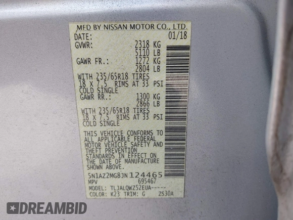2018 Nissan Murano SL z VIN 5N1AZ2MG8JN124465, wystawiony jako IAAI lot #41633799 z przebiegiem 70 691 mil mil oraz . Historia ofert i sprzedaży dostępna na DreamBid. Obrazek 9.