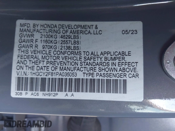 2023 Honda Accord Touring with VIN 1HGCY2F81PA035053, listed as a IAAI auction lot 41807628 with 57,422 mi miles and . Bid and sale history available at DreamBid. Image 9.
