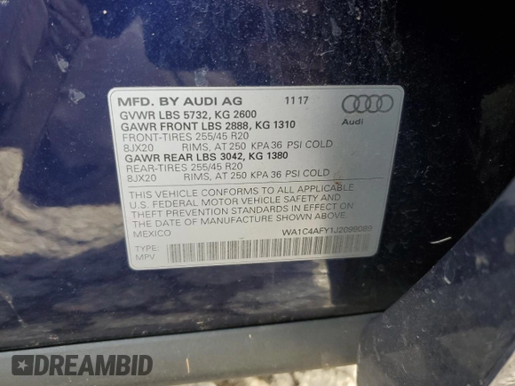 2018 Audi SQ5 Prestige with VIN WA1C4AFY1J2099089, listed as a Copart auction lot 82234144 with 92,549 mi miles and Salvage Title. Bid and sale history available at DreamBid. Image 13.