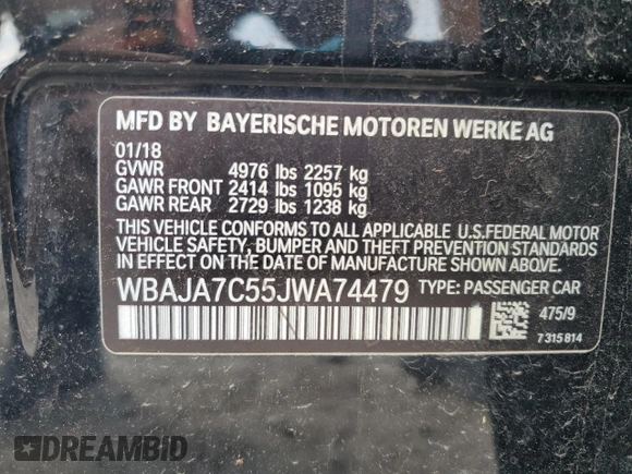 2018 BMW 5 Series 530i xDrive with VIN WBAJA7C55JWA74479, listed as a Copart auction lot 59689085 with 114,329 mi miles and Salvage title. Bid and sale history available at DreamBid. Image 12.