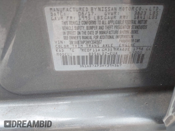 2017 Nissan Sentra S z VIN 3N1AB7AP3HY394567, wystawiony jako IAAI lot #42061796 z przebiegiem 78 318 mil mil oraz . Historia ofert i sprzedaży dostępna na DreamBid. Obrazek 9.