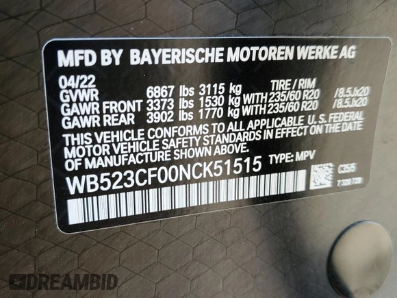 2022 BMW iX xDrive50 with VIN WB523CF00NCK51515, listed as a Copart auction lot 62870593 with 3,239 mi miles. Bid and sale history available at carsss.com. Image 12.