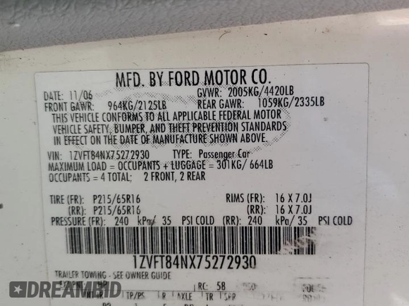 2007 Ford Mustang Deluxe z VIN 1ZVFT84NX75272930, wystawiony jako Copart lot #61072165 z przebiegiem 137 513 mil mil oraz Szkoda całkowita • Salvage title. Historia ofert i sprzedaży dostępna na DreamBid. Obrazek 12.