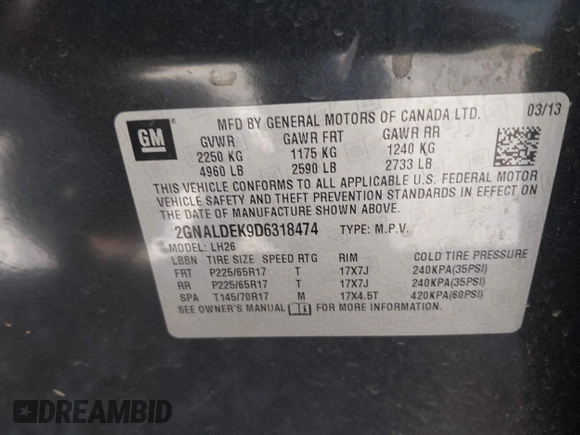 2013 Chevrolet Equinox LT with VIN 2GNALDEK9D6318474, listed as a IAAI auction lot 41996678 with 134,288 mi miles and . Bid and sale history available at DreamBid. Image 9.