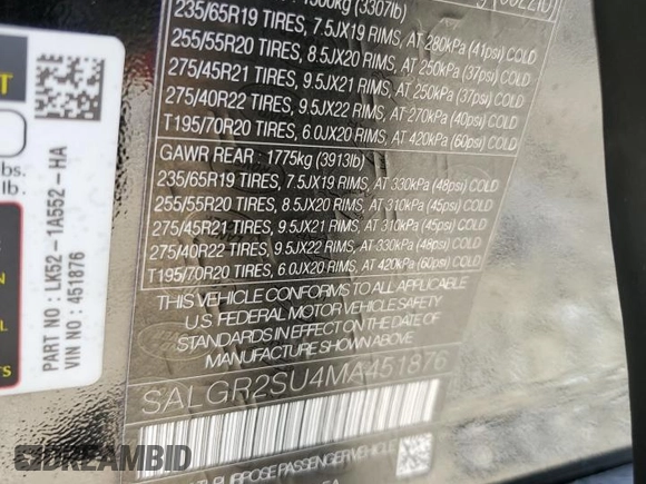2021 Land Rover Range Rover с VIN SALGR2SU4MA451876, выставлен на аукционе Copart как лот 46472015 с пробегом 37 399 миль миль и На запчасти • Non repairable. История ставок и продаж доступна на DreamBid. Изображение 12.