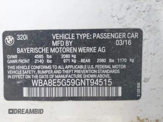 2016 BMW 3 Series 320i xDrive с VIN WBA8E5G59GNT94515, выставлен на аукционе IAAI как лот 42548876 с пробегом 72 804 миль миль и . История ставок и продаж доступна на DreamBid. Изображение 9.